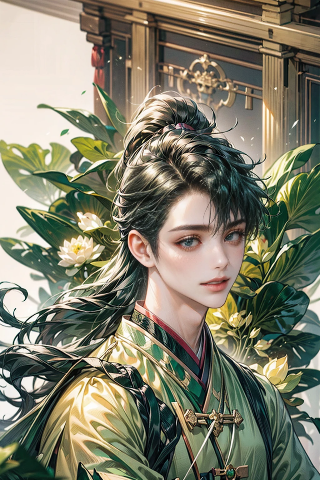 xianxia, (((best quality))),masterpiece,ultra high resolution,extraordinarily beautiful youth, a bright, villains smile,All green clothing,((boy 24 year old, green hanfu,green clothing, Chinese shirt style)) ,boy character ,((Thick black long hair)),beautiful face,detailed interior, detailed boy,((man)),(in bamboo forest), house China style, pure white lotus,beautiful and cute boy ,black eyes,((solo man)),(he has a Big eyes, charming lips, slim nose and small face),(slim figures ),ponytail and 冠, Hiogi fan,Japanese fan ,very long hair, thick hair, black hair ,eyes detailed,pony tails,solo man