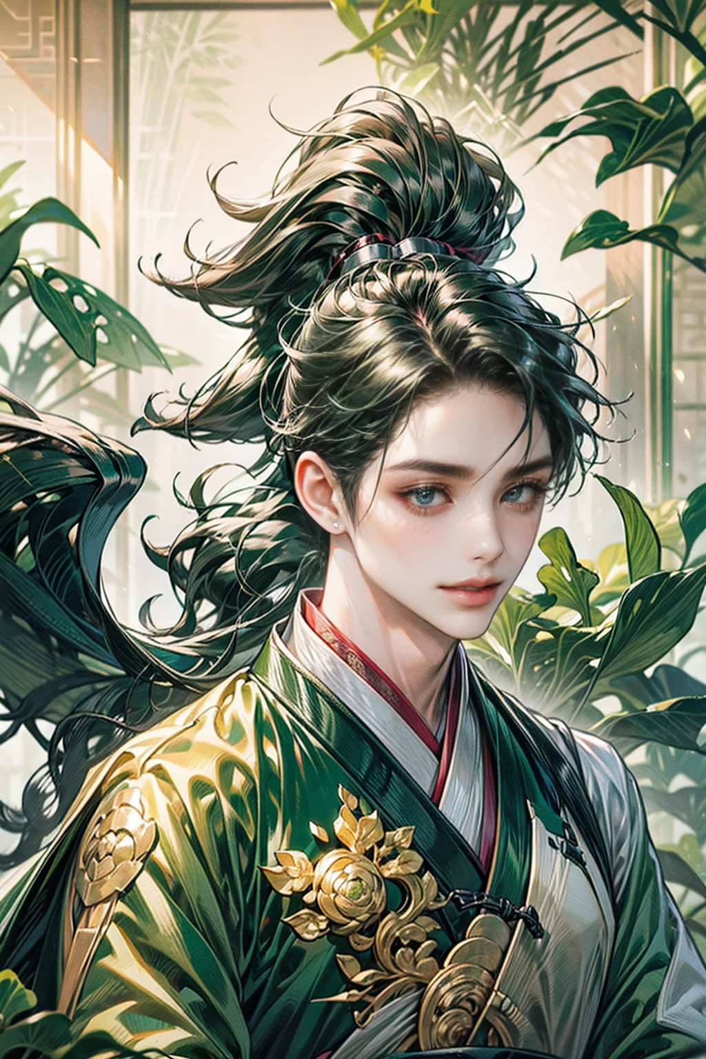 xianxia, (((best quality))),masterpiece,ultra high resolution,extraordinarily beautiful youth, a bright, villains smile,All green clothing,((boy 24 year old, green hanfu,green clothing, Chinese shirt style)) ,boy character ,((Thick black long hair)),beautiful face,detailed interior, detailed boy,((man)),(in bamboo forest), house China style, pure white lotus,beautiful and cute boy ,black eyes,((solo man)),(he has a Big eyes, charming lips, slim nose and small face),(slim figures ),ponytail and 冠, Hiogi fan,Japanese fan ,very long hair, thick hair, black hair ,eyes detailed,pony tails,solo man