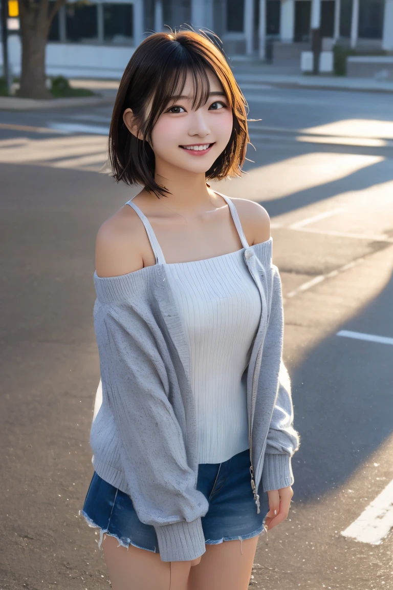Highest quality, (beautiful)、university student、smile、、Semi-short hair、No sleeve、Big 、The wind is blowing、Shoot from above、Brush your hair with your hands、Off-the-shoulder jacket