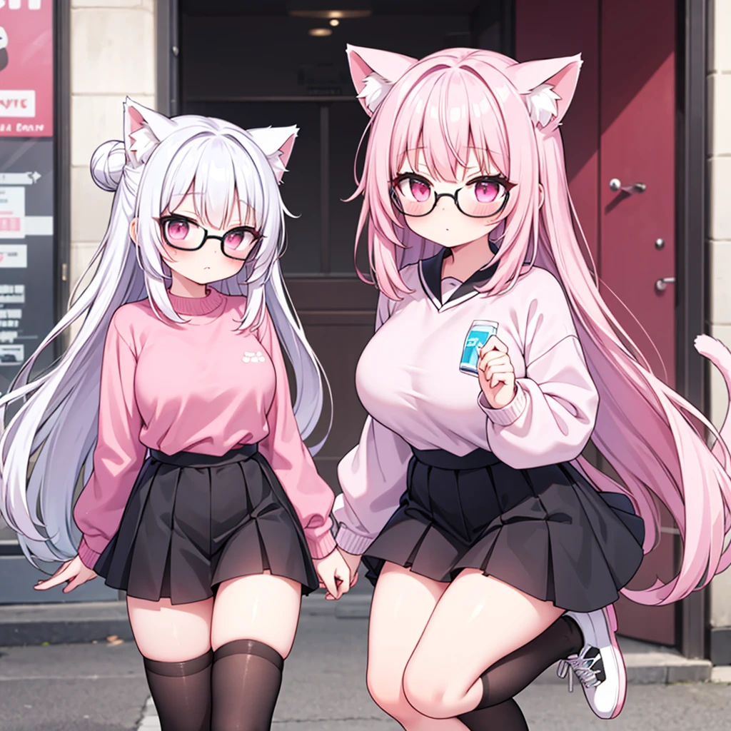 I have white pink hair, cat ears, a bun, my face is super blushing, black glasses, pink heart eyes, a big pink sweatshirt, a black skirt, black stockings, white shoes, a cat's tail, a girl. very shy that she is glued to a wall with her butt
