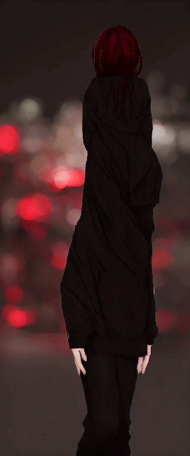 cool, standing, red and black clothes, looking at viewer, outdoors, night