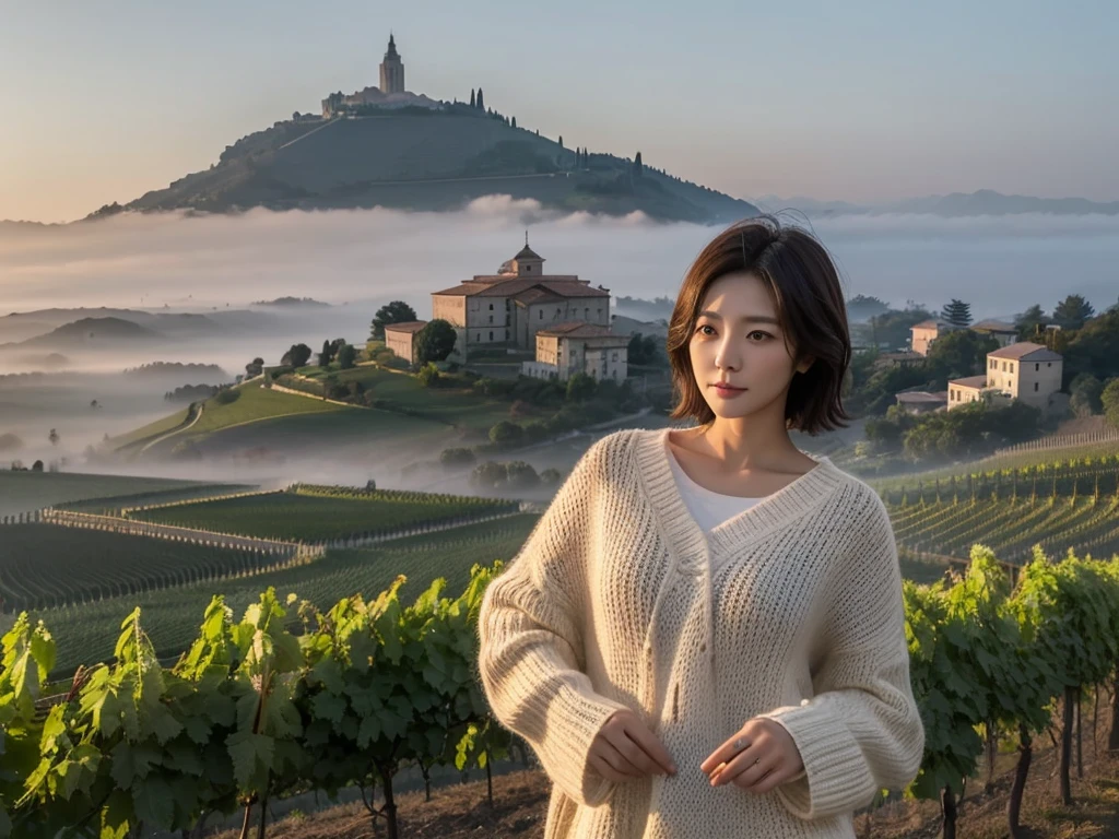 8k best picture quality, Beautiful 36-year-old Korean woman, short and nice weather. Chest size 34 inches, Dense fog at dawn in the Italian countryside, past the vineyard, The cathedral is visible in the fog in the distance., The back background is realistic and vivid image quality, Short and medium hair blowing in the wind, Wearing high-end luxury brand knits., a faint smile. the background is clear, Short and slim Korean woman, stand far away, Photo taken with a wide-angle lens, thick fog at dawn