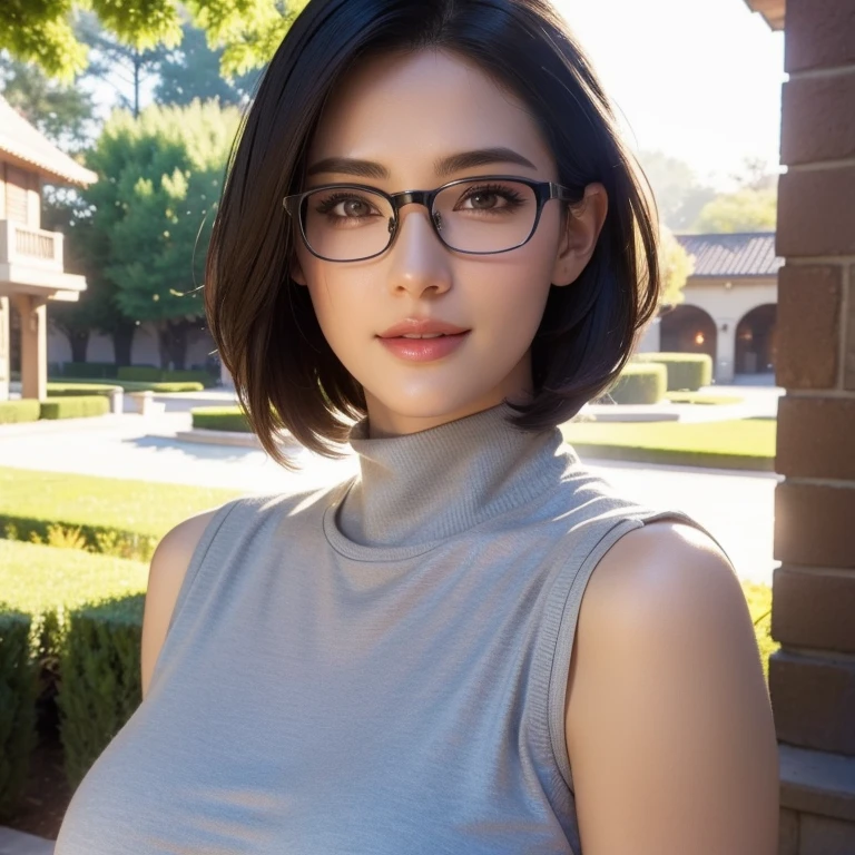 a beautiful young woman in a casual outfit, short hair, eye glasses, detailed face, alluring eyes, full lips, large bust, turtle neck t-shirt, gray vest, outdoor date setting, soft lighting, warm colors, photorealistic, 8k, cinematic, beautiful detailed eyes, beautiful detailed lips, extremely detailed face and eyes, long eyelashes, intricate clothing textures, elegant posing, warm smile, romantic atmosphere