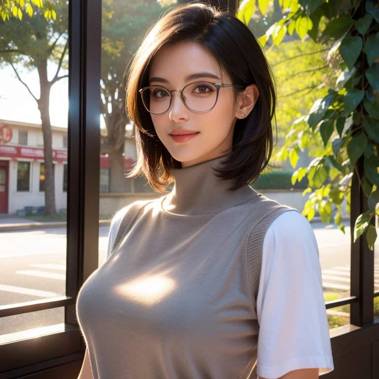 a beautiful young woman in a casual outfit, short hair, eye glasses, detailed face, alluring eyes, full lips, large bust, turtle neck t-shirt, gray vest, outdoor date setting, soft lighting, warm colors, photorealistic, 8k, cinematic, beautiful detailed eyes, beautiful detailed lips, extremely detailed face and eyes, long eyelashes, intricate clothing textures, elegant posing, warm smile, romantic atmosphere
