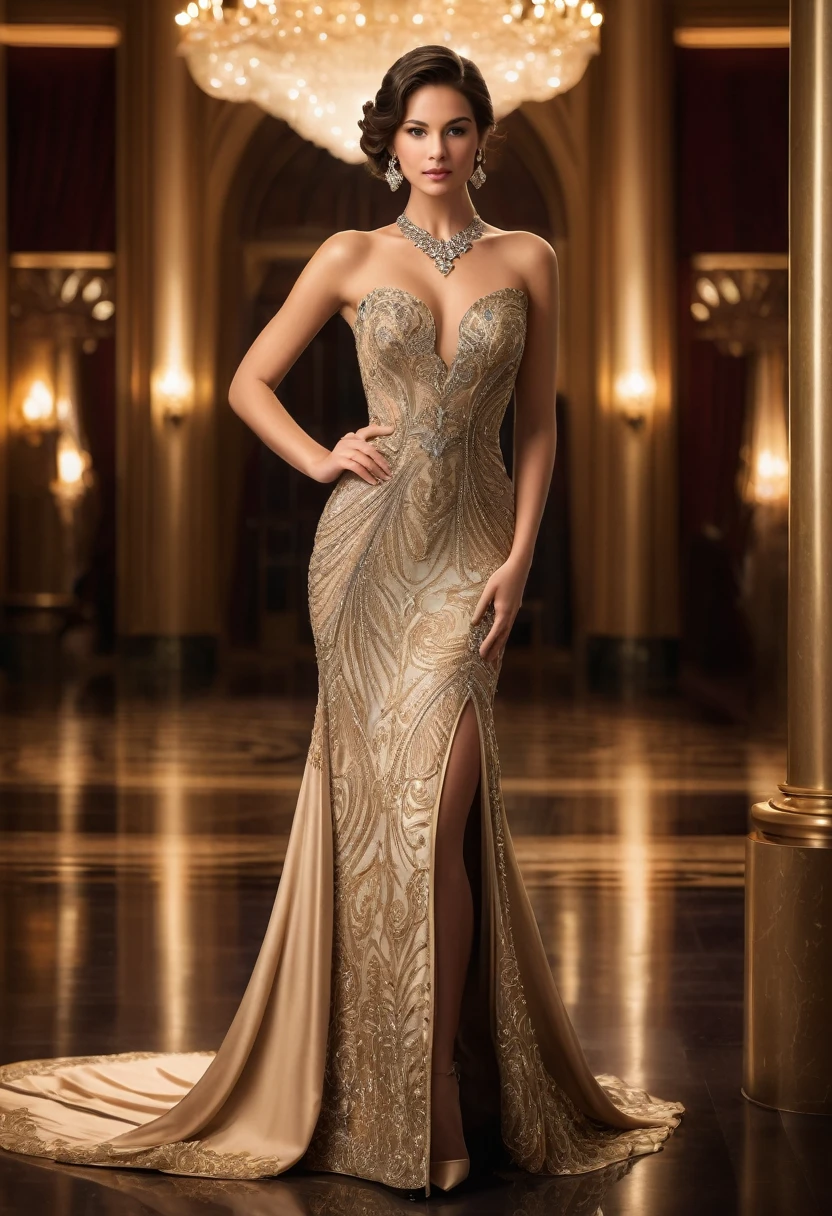 Full length"A young woman in a beautiful and elegant evening gown at a formal event. She is wearing a uniquely designed and stunning dress, complemented by luxurious jewelry and accessories. The background features a grand and lavish hall with warm, inviting lighting, showcasing a scene of splendor and beauty."
