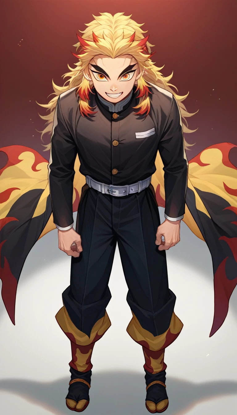 score_9, score_8_up, score_7_up, source_anime, solo, male focus, 1boy, rengoku kyojuro, grin, looking at viewer, forked eyebrows, demon slayer uniform, black jacket, long sleeves, black pants, belt, full body, standing,idle