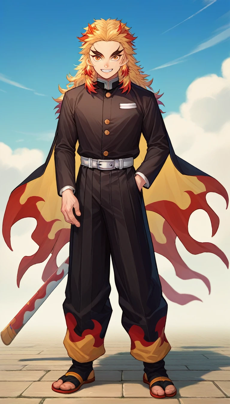 score_9, score_8_up, score_7_up, source_anime, solo, male focus, 1boy, rengoku kyojuro, grin, looking at viewer, forked eyebrows, demon slayer uniform, black jacket, long sleeves, black pants, belt, full body, standing,idle