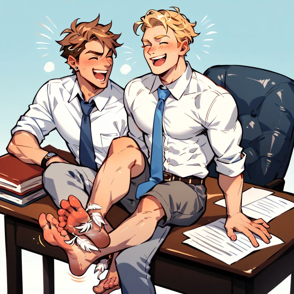 , blonde handsome skinny man wearing white shirts and blue ties and grey pants laughing, sitting on chair and feet on desk, feet tickling by feathers held by handsome skinny brown haired man, toes tickled by feathers , office background