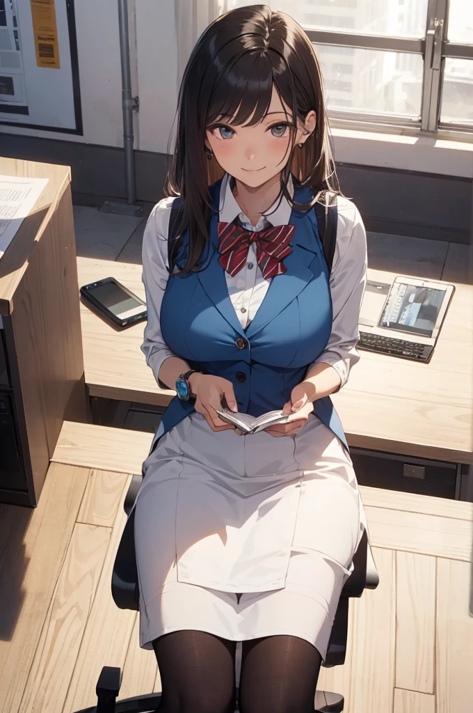 1lady solo, sitting, (from above), office worker, ((blue vest) over white dress shirt), mature female, /(dark brown hair/), kind smile, (masterpiece best quality:1.2) delicate illustration ultra-detailed, large breasts,bowtie BREAK (modern office) indoors, (reception desk), entrance, detailed background