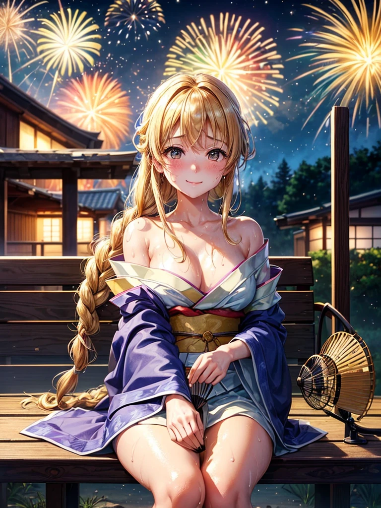 (highest quality)), ((masterpiece)), (family friendly), Perfect Face,Shiny skin,Beautiful breasts,Shiny skin、Kyoto Animation style painting、Hair、Golden Eyes、Sunburned skin、night、Braided Hair、(((firework)))、(((night)))、Sit on a bench、(((Sweat)))、
、Off the shoulder、kimono、((stall))
、profile、(((Holding a fan)))、smile、Looking up at the sky