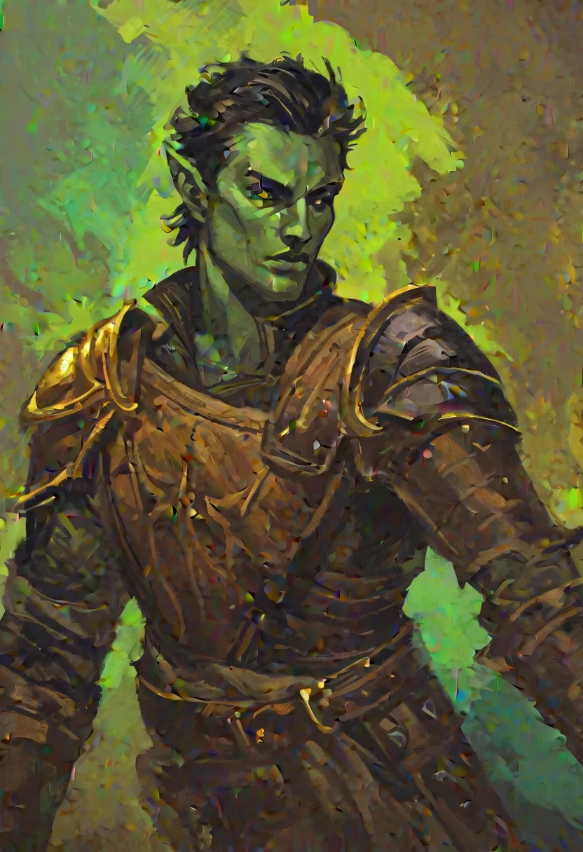 digitalpainting, pictorial \(styled\), male rogue from the Elder Scrolls series, trunk, portraite, short dark hair, golden eye, Light green skin, brown leather armor, simple shoulder pad, Dynamic shading, expressive brushstrokes, oil on canvas, extremely detaild, light and dark colors, 
 