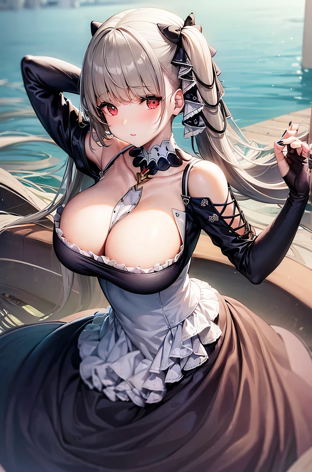 ((dress_default, terrific_default)):1.5,((solo, 1girl)) ((masterpiece,Highest quality,Highly detailed images,Beautiful images、Realistic、Dutch Angle)), (Bright lighting overall、Backlight、A fantastic atmosphere、Thick Fog、Dust flutters),(Dynamic pose、Beautiful cleavage、large breasts)1.2, ((Ocean、On the boat:1.2))((arms behind head))、Black sleeves