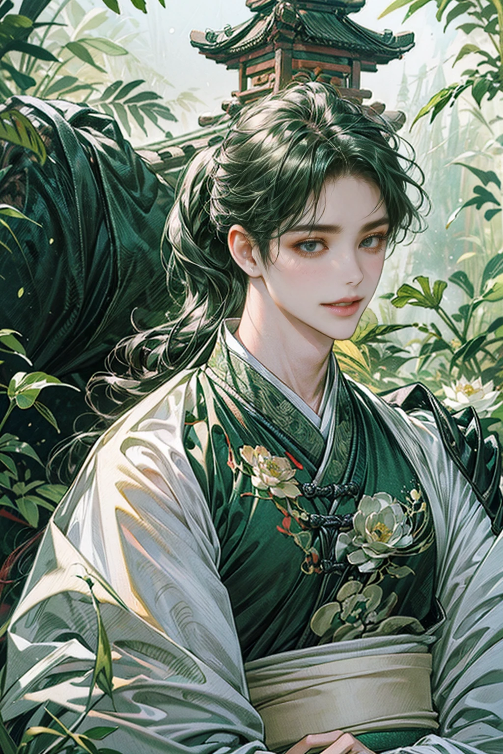 xianxia, (((best quality))),masterpiece,ultra high resolution,extraordinarily beautiful youth, a bright, villains smile,All green clothing,((boy 24 year old, green hanfu,green clothing, Chinese shirt style)) ,boy character ,((Thick black long hair)),beautiful face,detailed interior, detailed boy,((man)),(in bamboo forest), house China style, pure white lotus,beautiful and cute boy ,black eyes,((solo man)),(he has a Big eyes, charming lips, slim nose and small face),(slim figures ),ponytail and 冠, Hiogi fan,Japanese fan ,very long hair, thick hair, black hair ,eyes detailed,pony tails,solo man