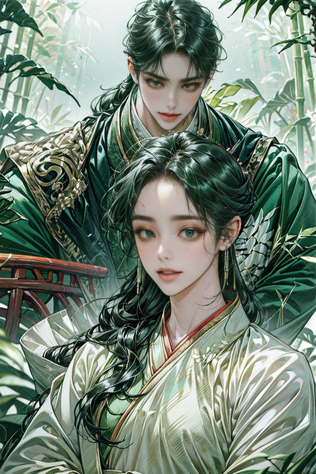 xianxia, (((best quality))),masterpiece,ultra high resolution,extraordinarily beautiful youth, a bright, villains smile,All green clothing,((boy 24 year old, green hanfu,green clothing, Chinese shirt style)) ,boy character ,((Thick black long hair)),beautiful face,detailed interior, detailed boy,((man)),(in bamboo forest), house China style, pure white lotus,beautiful and cute boy ,black eyes,((solo man)),(he has a Big eyes, charming lips, slim nose and small face),(slim figures ),ponytail and 冠, Hiogi fan,Japanese fan ,very long hair, thick hair, black hair ,eyes detailed,pony tails,solo man