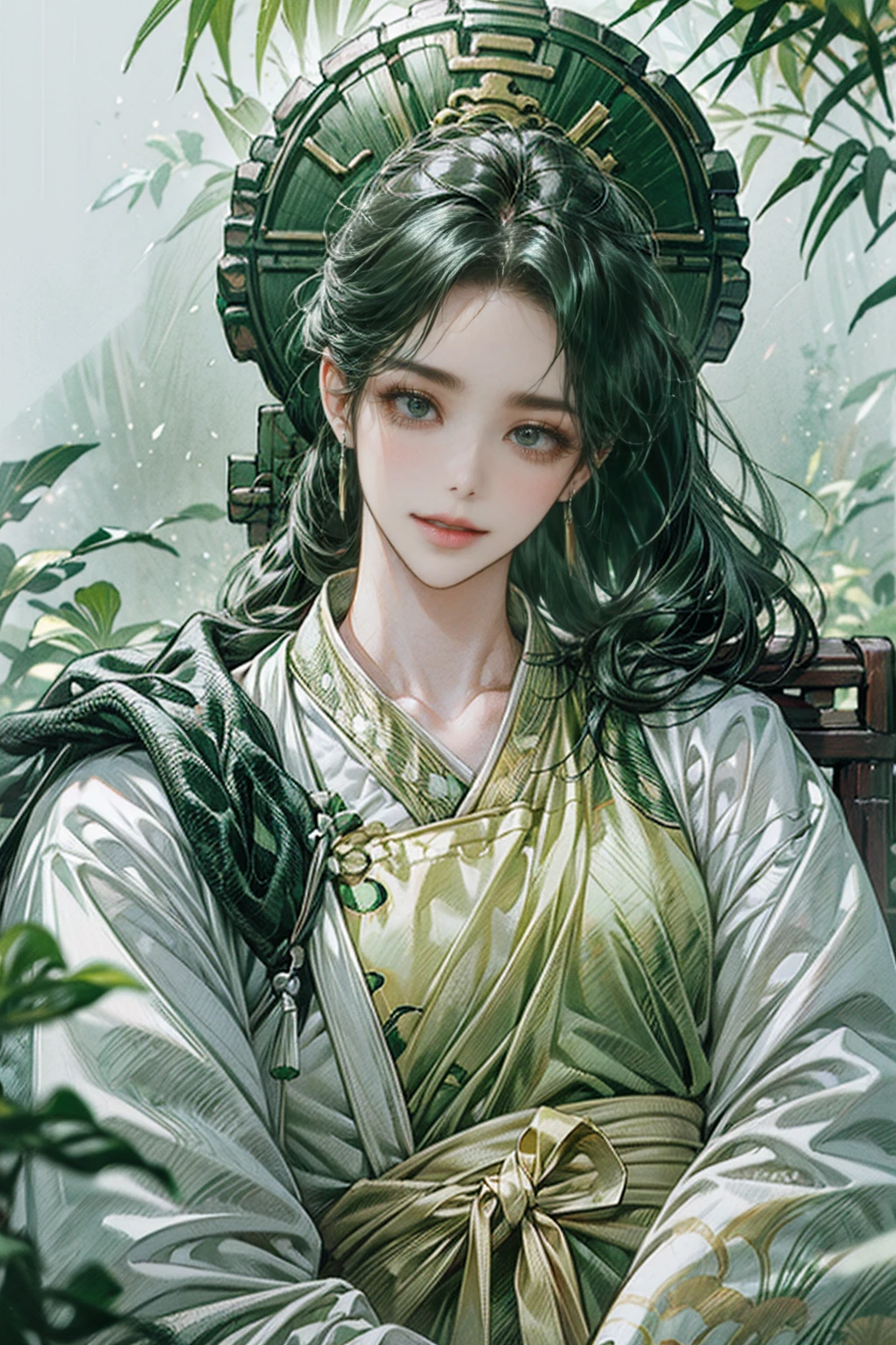 xianxia, (((best quality))),masterpiece,ultra high resolution,extraordinarily beautiful youth, a bright, villains smile,All green clothing,((boy 24 year old, green hanfu,green clothing, Chinese shirt style)) ,boy character ,((Thick black long hair)),beautiful face,detailed interior, detailed boy,((man)),(in bamboo forest), house China style, pure white lotus,beautiful and cute boy ,black eyes,((solo man)),(he has a Big eyes, charming lips, slim nose and small face),(slim figures ),ponytail and 冠, Hiogi fan,Japanese fan ,very long hair, thick hair, black hair ,eyes detailed,pony tails,solo man