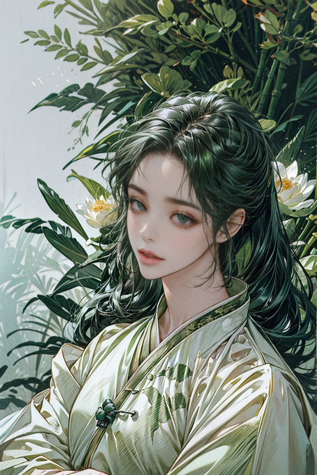 xianxia, (((best quality))),masterpiece,ultra high resolution,extraordinarily beautiful youth, a bright, villains smile,All green clothing,((boy 24 year old, green hanfu,green clothing, Chinese shirt style)) ,boy character ,((Thick black long hair)),beautiful face,detailed interior, detailed boy,((man)),(in bamboo forest), house China style, pure white lotus,beautiful and cute boy ,black eyes,((solo man)),(he has a Big eyes, charming lips, slim nose and small face),(slim figures ),ponytail and 冠, Hiogi fan,Japanese fan ,very long hair, thick hair, black hair ,eyes detailed,pony tails,solo man