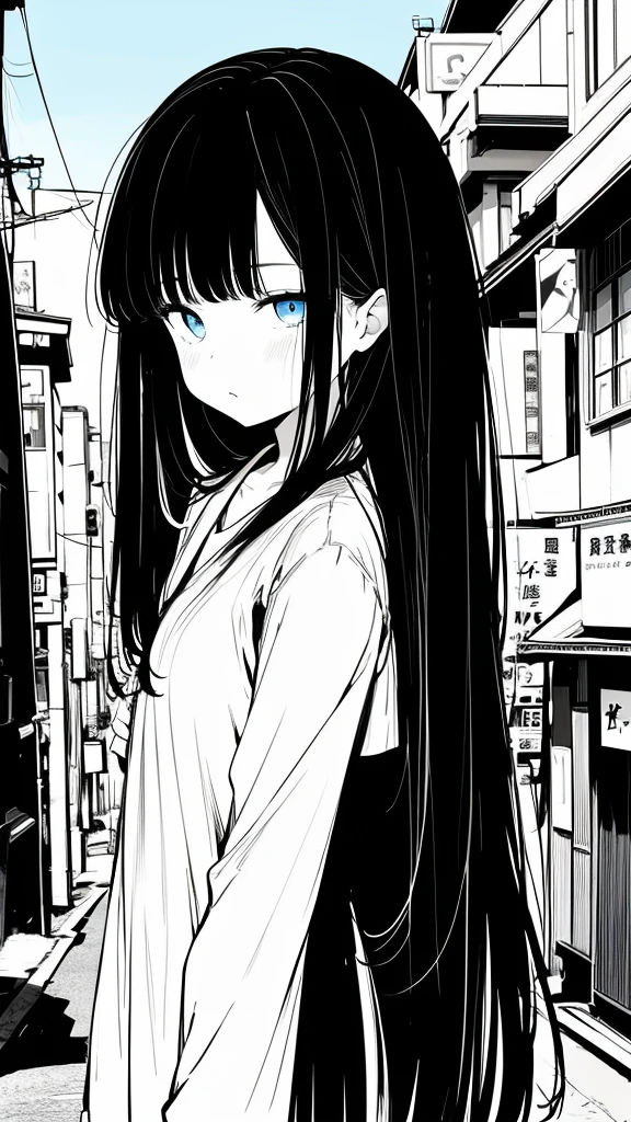 monochrome color, Blue Art, grayscales、​masterpiece、top-quality、Top image quality、straight haired、Hanging eyes、kawaii、A darK-haired、blue eyes、the wind、Buildings,Tokyo