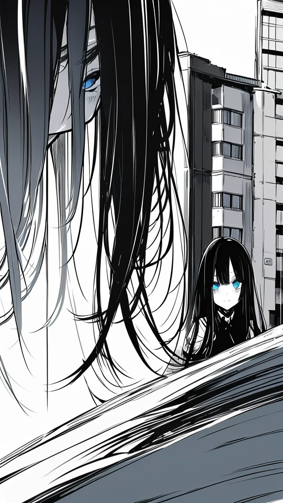 monochrome color, Blue Art, grayscales、masterpiece、top-quality、Top image quality、straight haired、Hanging eyes、kawaii、A darK-haired、blue eyes、the wind、Buildings,Tokyo