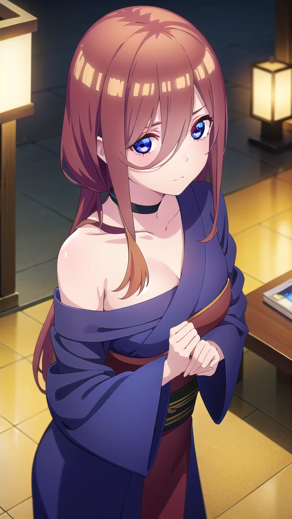 BREAK indoors,street,night,wet road,festival,fireforks, BREAK looking at viewer, BREAK (masterpiece:1.2), best quality, high resolution, unity 8k wallpaper, (illustration:0.8), (beautiful detailed eyes:1.6), extremely detailed face, perfect lighting, extremely detailed CG, (perfect hands, perfect anatomy),Miku Nakano, Miku Nakano Chick III, Long Hair, Bangs, Blue Eyes, Brown hair, Hair between the eyes,medium ,japanese clothes,kimono,wet kimano, yukata,cleavege,neckline,black choker, naked sers, upper body shot,from above,bend over.