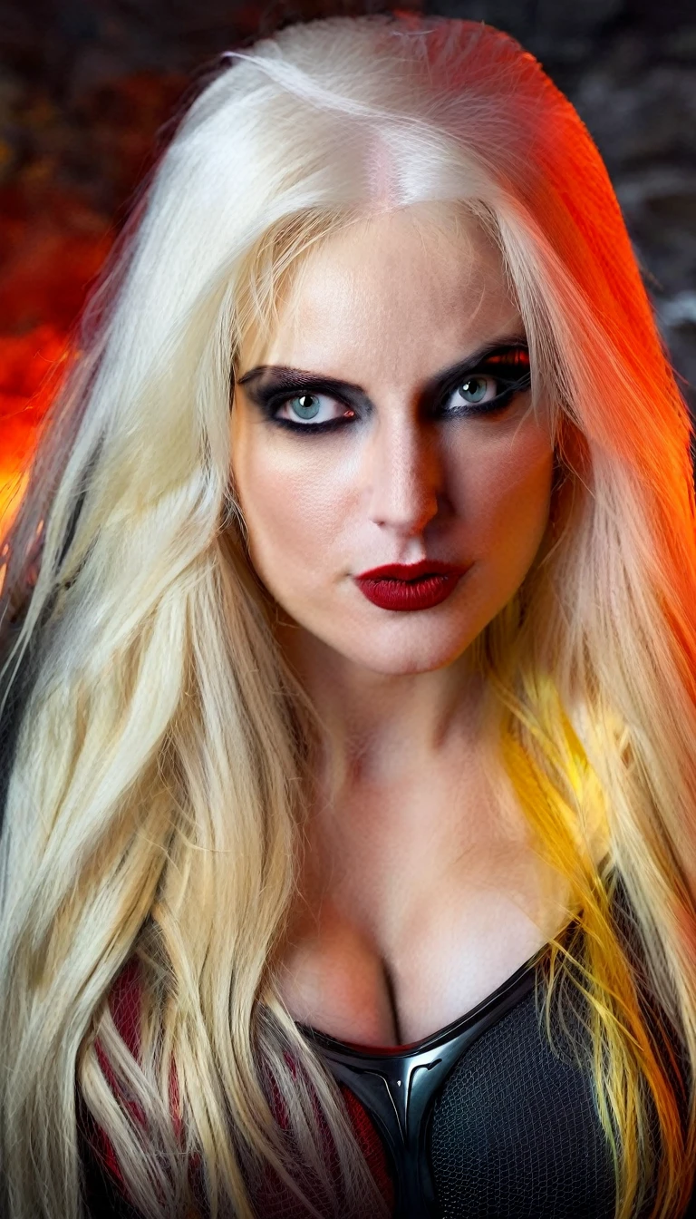 (character portrait for the game Dungeons and dragons), (female 30 years old, spellblade, high charisma), (white skin:0.8, nordic facial features, heavy black makeup, light blue eyes, blond, long, straight hair), (dark fantasy), (heavy platemail armor, gray metallic, cleavage),([dim lights], shadows in the background, red, black, yellow)
