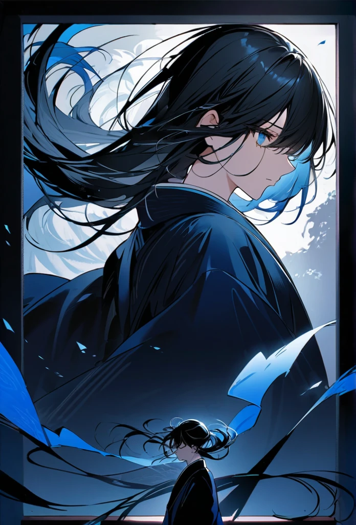 Japanese。male。Sharp Eye。Very long black hair。profile。Plain blue kimono(Dressed in kimono)。A strong wind blows my hair back。Cover your eyes with hair。The background is blue light。Stand up straight。back blue dragon。 An illustration。picture。