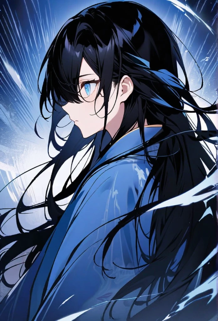 Japanese。male。Sharp Eye。Very long black hair。profile。Plain blue kimono(Dressed in kimono)。A strong wind blows my hair back。Cover your eyes with hair。The background is blue light。Stand up straight。back blue dragon。 An illustration。picture。