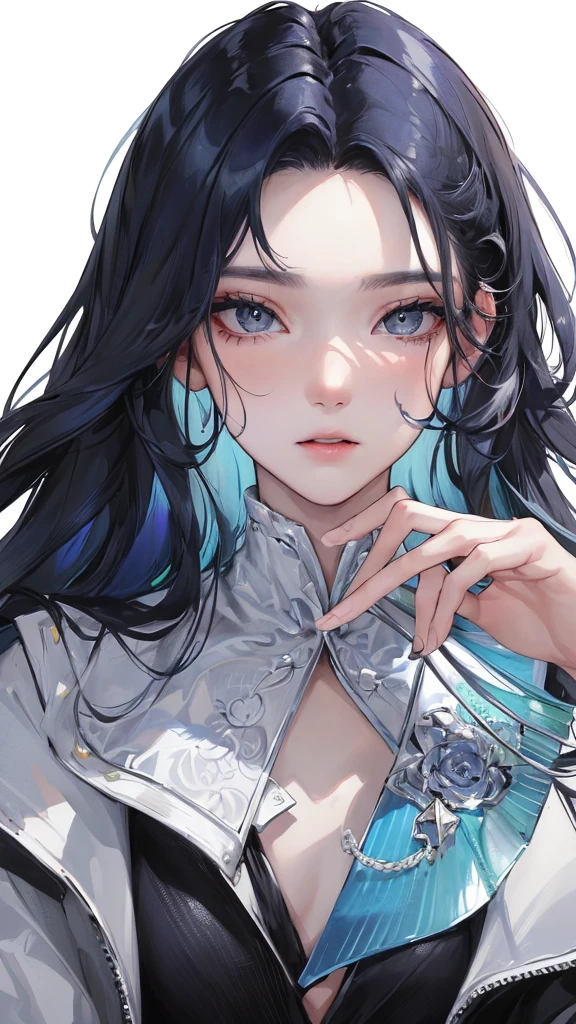 (Top resolution、Distinct_image)top-quality、femele、​masterpiece、highly detailed、Semi-realistic、grey eyes、18year old、young、Exquisite facial features、Facial features、unique hairstyle, variations, potrait, white background,   dark blue hair , long straight hairstyles, wear black suits , dark blue hair ,cold expression