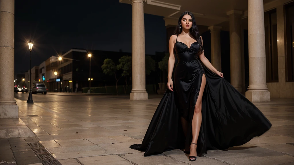 Photorealistic (full body) photo of a beautiful Colombian model 25 years old with long, thick black hair, wearing a luxurious evening dress with dramatic makeup, creating the effect of instant inspiration in an elegant urban atmosphere, Ultra-realistic, ultra-detailed
