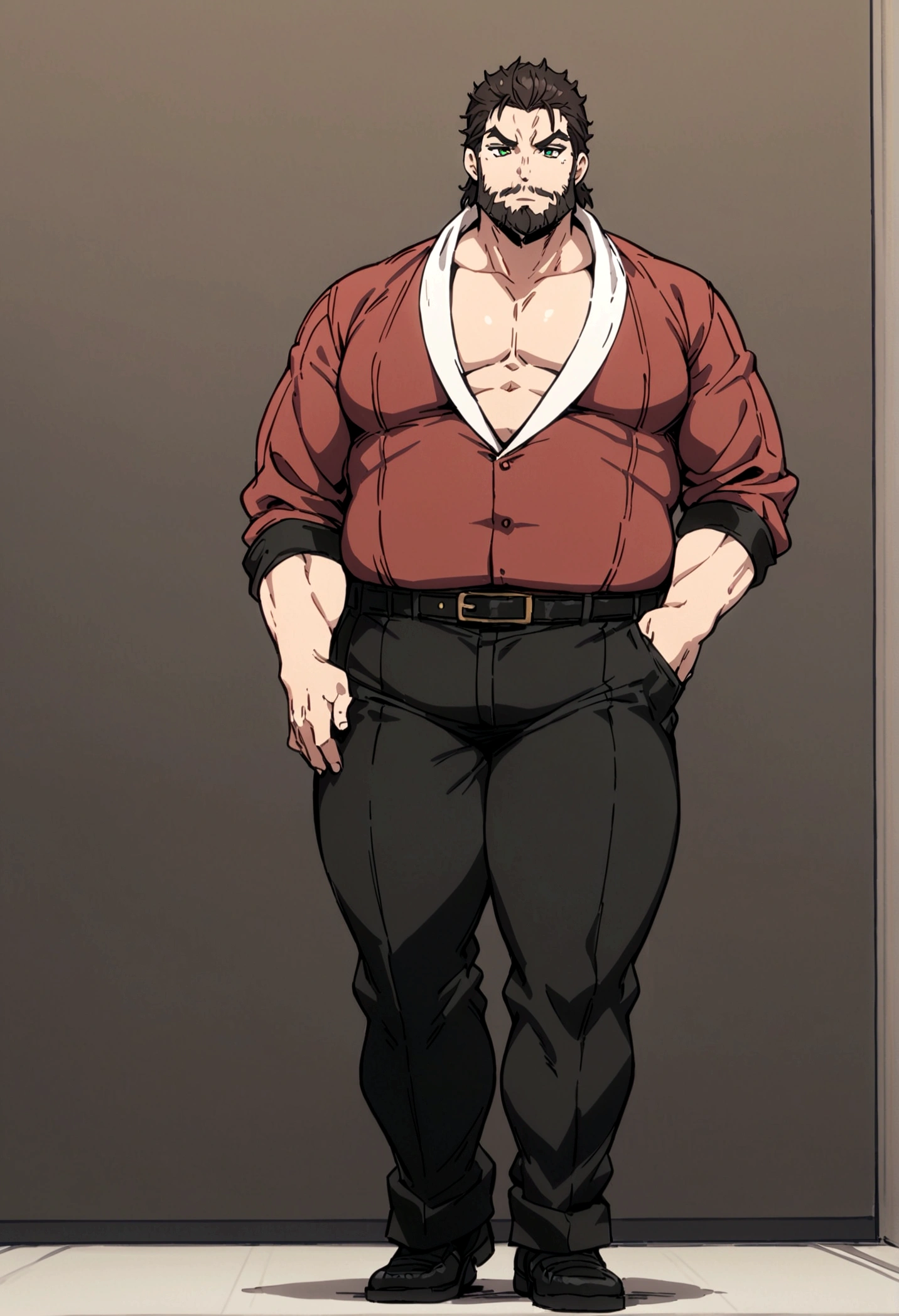 fullbody,masterpiece,standing,red shirt,dark brown short hair,green eyes,(bangs),adult,1boy,solo,light stuble,(beard),chubby,