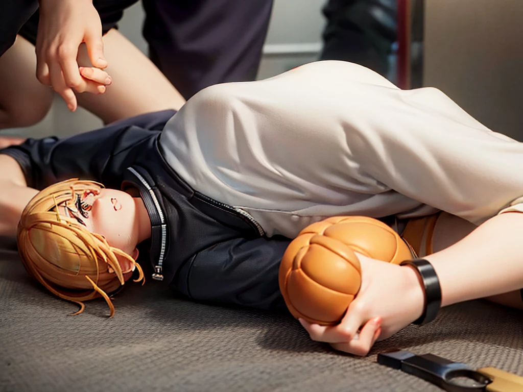 boy Receiving face I hate it cute One person Thin A man resisting Very short hair Very short antennae short angry One person Constraints handcuffs boy handcuffs Blonde Orange Eyes bed hoodie Lying down Crying face