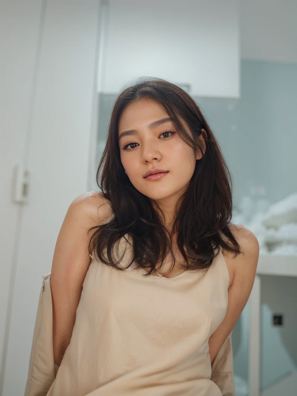 realistic photos of (1 beautiful Korean star) Hair to the shoulders, thin make up, average  size, wearing coat, na neve, clear facial features, high resolution 8k, Crisp and realistic details.out, Photo at eye level, f/4.0, 135mm, Fujifilm, artefatos JPEG, hesitant, ultra HD, work of art