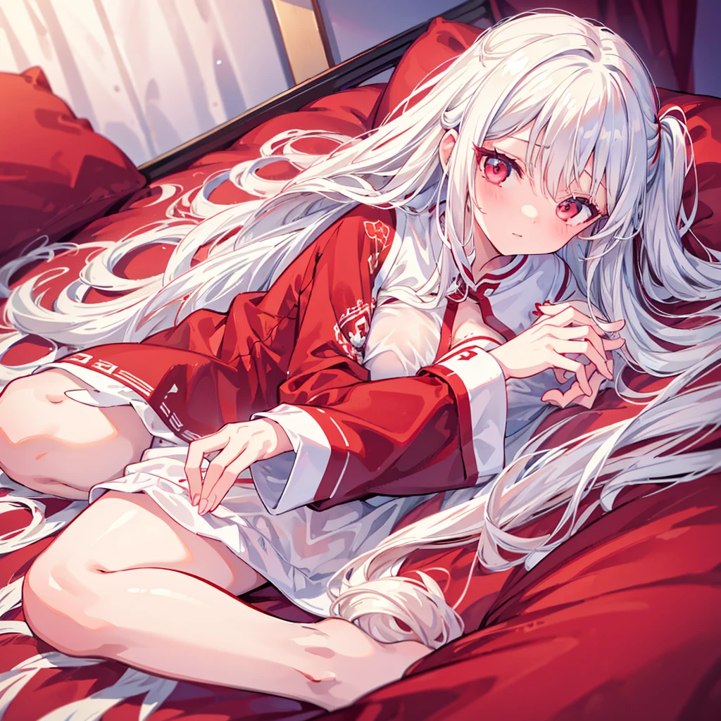 best quality,Normal fingers，4k HD，A girl lying on the bed,[Messy long hair],[White hair],[Red Eyes],[Wet clothes]