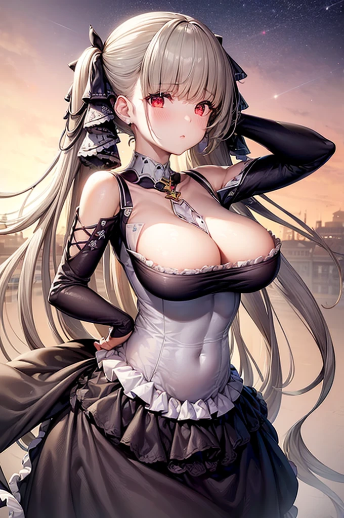 ((dress_default, terrific_default)):1.5,((独奏, 1girl)) ((masterpiece,Highest quality,Highly detailed images,Beautiful images、Realistic、Dutch Angle)), (Bright lighting overall、Backlight、A fantastic atmosphere、Thick Fog、Dust flutters),(Dynamic pose、Beautiful cleavage、large breasts)1.2, ((Beautiful starry sky、Rooftop:1.2))((arms behind head))、Black sleeves
