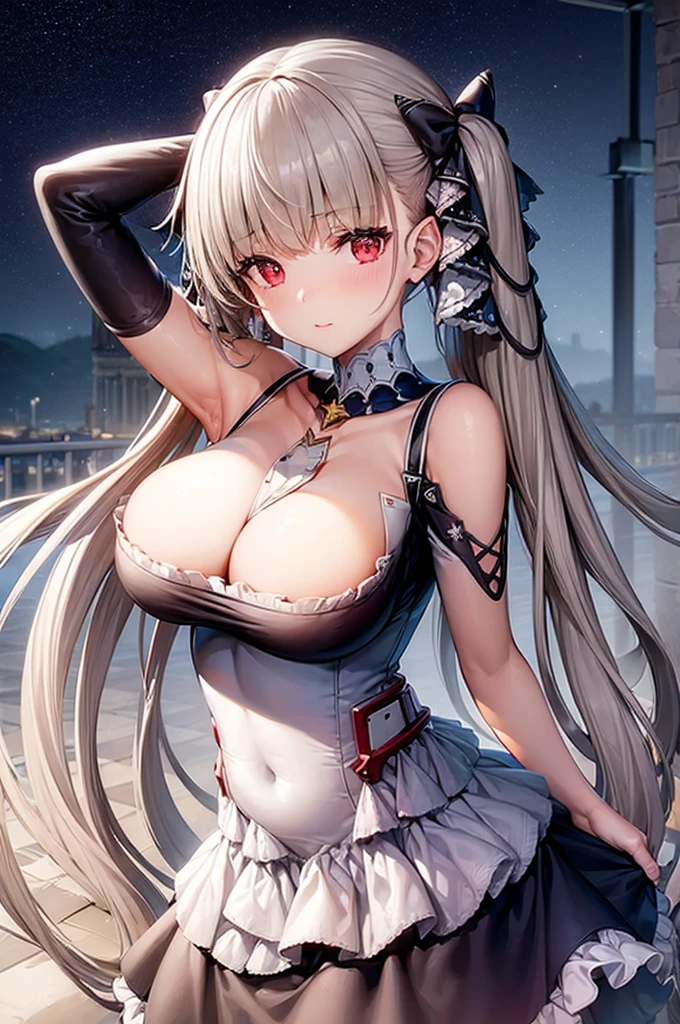 ((dress_default, terrific_default)):1.5,((独奏, 1girl)) ((masterpiece,Highest quality,Highly detailed images,Beautiful images、Realistic、Dutch Angle)), (Bright lighting overall、Backlight、A fantastic atmosphere、Thick Fog、Dust flutters),(Dynamic pose、Beautiful 、large breasts)Beautiful starry sky、Rooftop:1.2))((arms behind head))、Black sleeves