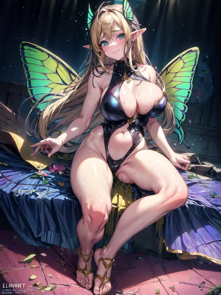 elf, masterpiece, best quality, hyper detailed, good anatomy, perfect anatomy, wedding ring on left ring finger, long hair, big breasts, expectant smile, pointy ears, blonde hair, green eyes , beautiful face, blush, beautiful eyes,24 years old, mature woman, perfect hands, perfect fingers,
skinny, white skin, (sweat),
amazing beauty,girl,masterpiece,highest quality,very detailed,8K,high resolution,((huge beautiful butterfly wing)), ((Giant rainbow butterfly wings,shining and emitting light with psychedelic colors)),flying in the sky, glowing scales, blast,(sky-blue colorful rhythmic-gymnastics-leotard),highleg Leotard,turtleneck,rainbow print,bare foots,sandal,((full body shot:1.4)),looking at viewer,midnight,(Berlin),