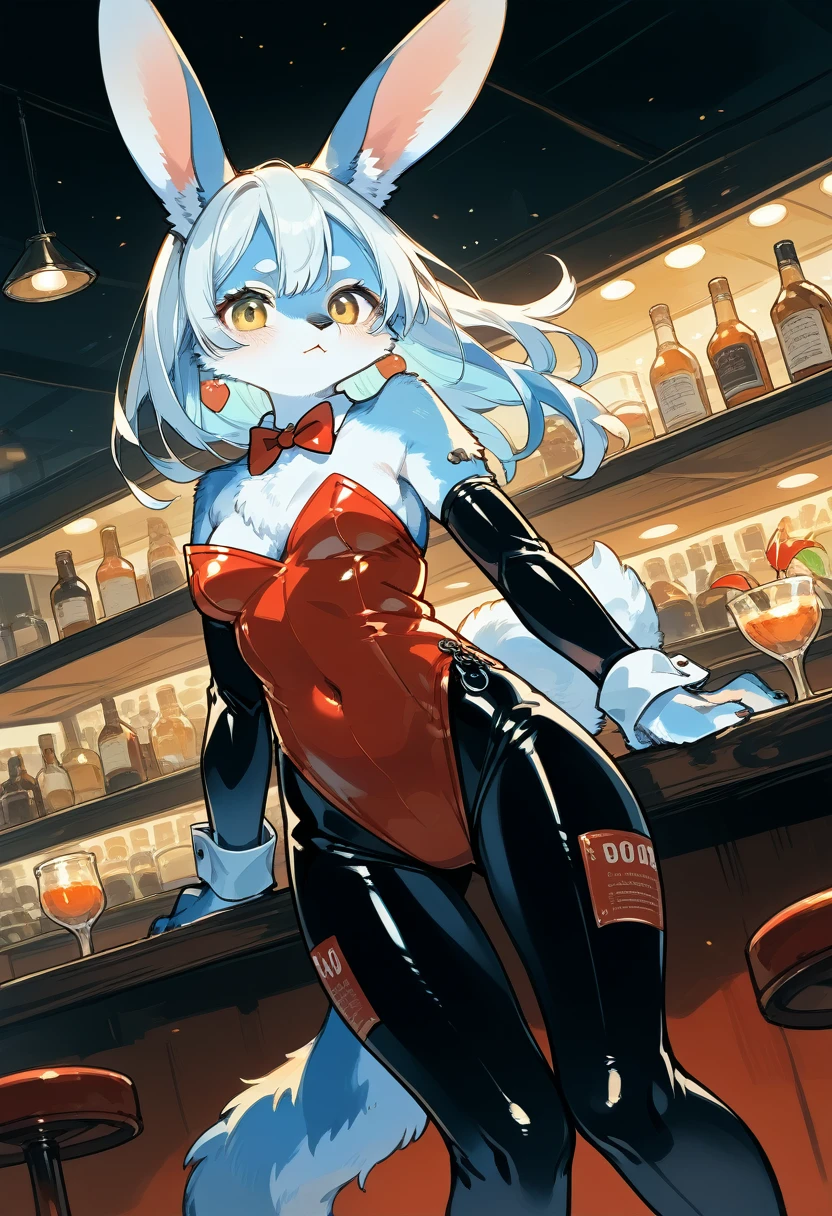 Highest quality, Highest quality, High quality illustrations, masterpiece, Ultra-high resolution, Detailed Background, bartender, bar, Cocktail, Absurd, Perfect Anatomy, Performance, Good lighting, Shadows in the movie(kemono, Furry Personification)Dynamic Angle, Rubber suit, ラbarスーツ, latex, Earrings, Bunny Suit