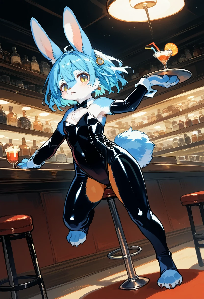 Highest quality, Highest quality, High quality illustrations, masterpiece, Ultra-high resolution, Detailed Background, bartender, bar, Cocktail, Absurd, Perfect Anatomy, Performance, Good lighting, Shadows in the movie(kemono, Furry Personification)Dynamic Angle, Rubber suit, ラbarスーツ, latex, Earrings, Bunny Suit