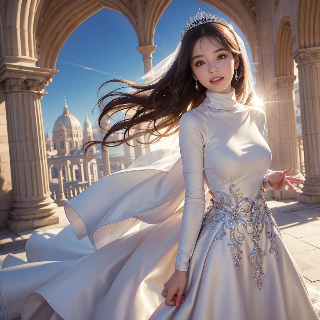 best quality, masterpiece, 1 girl, huge laugh, cute , shiny lips, sweet, sun glare, Conservative attire, turtleneck wedding dress, bridal tiara, depth of field, blurred background, Cathedral Background, light particles, strong wind, head tilt