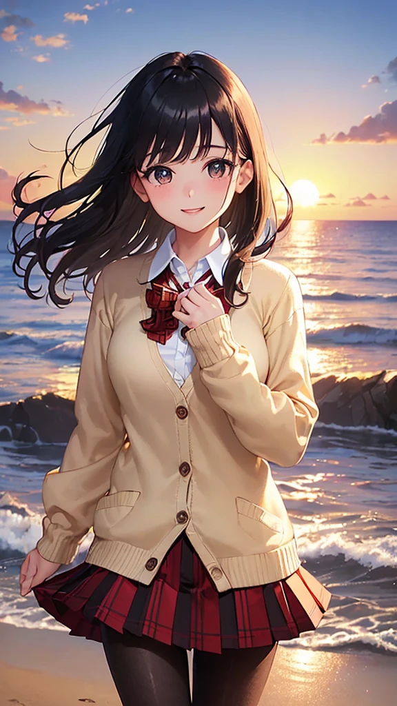 ((Worst quality, low quality)), Tabletop,Highest quality,Ultra-detailed,masterpiece, (Beautiful sunset), (Beach), (The surface of the sea sparkles), (Sunset sea background), (Beach), ((Close-up)), (With a girl:1.2), (Black-haired, shortcut:1.3), (Dynamic pose:1.2), (School uniform:1.2), (Body-fitting beige cardigan:1.4), ((Long sleeve, Sleeves are longer than the wrist):1.2), (White collared shirt underneath:1.3), ((Raise button, Not loose):1.5),(Red Plaid Pleated Skirt:1.3), ((Dark Brown Pantyhose After):1.2), Plump and Shiny Lips, Beautiful and clear eyes, (The best smile), Voice of the Heart,
