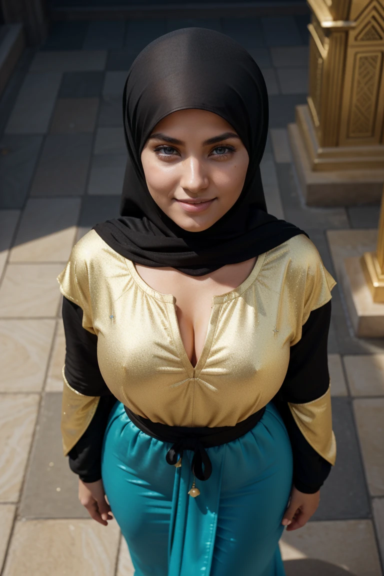 in colorful futurisic kaftan hoodie,( top view: 1.4), (full of the body: 1.4), RAW UHD portrait photo of a 24-year-old blonde,smiling (blue-eyed woman), angelic face, goddess beauty, large breasts, (skirt),arabic face , behind her is Alexander Nevsky Temple in Sofia, Bulgaria, (neckline), details (textures! , hair! , glitter, color!! , disadvantages: 1.1), glossy eyes with high detail (looking at the camera), SLR lighting, SLR camera, ultra-quality, sharpness, depth of field, film grain (center), Fujifilm XT3, crystal clear, frame center, beautiful face, sharp focus, bokeh (dimly lit), day, detailed skin pores, oily skin, sunburn, complex eye details, full body, arabic descendant, statuesque figure, intricate black hijab and abaya,full body, large breasts