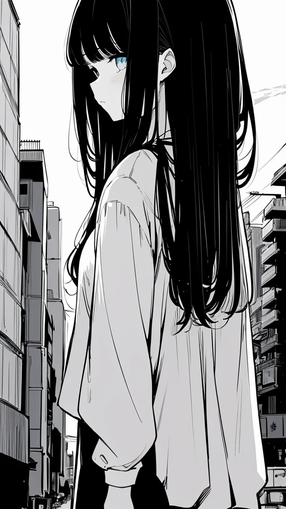 1girl,monochrome color, Blue Art, grayscales、masterpiece、top-quality、Top image quality、straight haired、Hanging eyes、kawaii、A darK-haired、blue eyes、the wind、Buildings,Tokyo