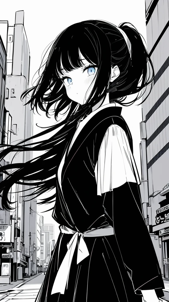 1girl,monochrome color, Blue Art, grayscales、​masterpiece、top-quality、Top image quality、straight haired、Hanging eyes、kawaii、A darK-haired、blue eyes、the wind、Buildings,Tokyo