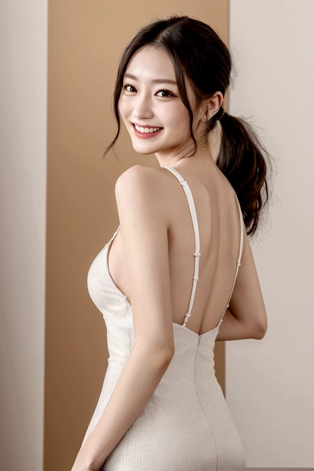 Dress up, people間らしい肌質,１people、Hotel reception, Delicate skin quality、日本people、((Highest quality, 4K, Masterpiece: 1.3)), Beautiful style: 1.4, ponytail, Large Breasts, Hands behind back, smile, Highly detailed face and skin texture, Fine grain, double eyelid、The whole body is visible、White teeth,cute