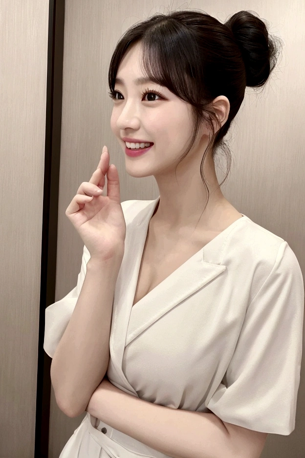 Dress up, people間らしい肌質,1people、Hotel reception, Delicate skin quality、日本people、((Highest quality, 4K, Masterpiece: 1.3)), Beautiful style: 1.4, ponytail, Large Breasts, Hands behind back, smile, Highly detailed face and skin texture, Fine grain, double eyelid、The whole body is visible、White teeth,cute