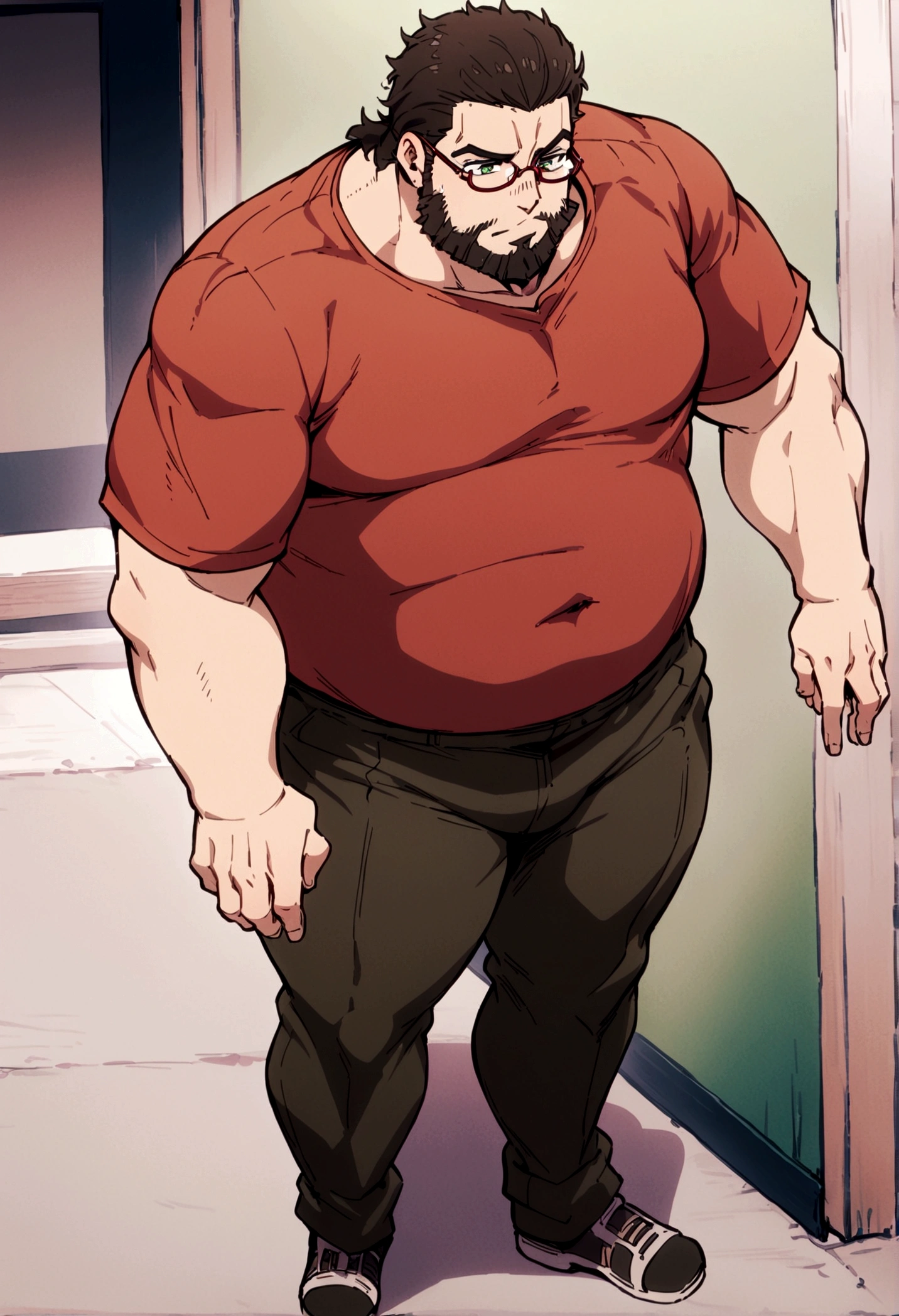 fullbody,masterpiece,standing,red shirt,dark brown short hair,green eyes,(bangs),adult,1boy,solo,light stuble,(beard),chubby,glasses,