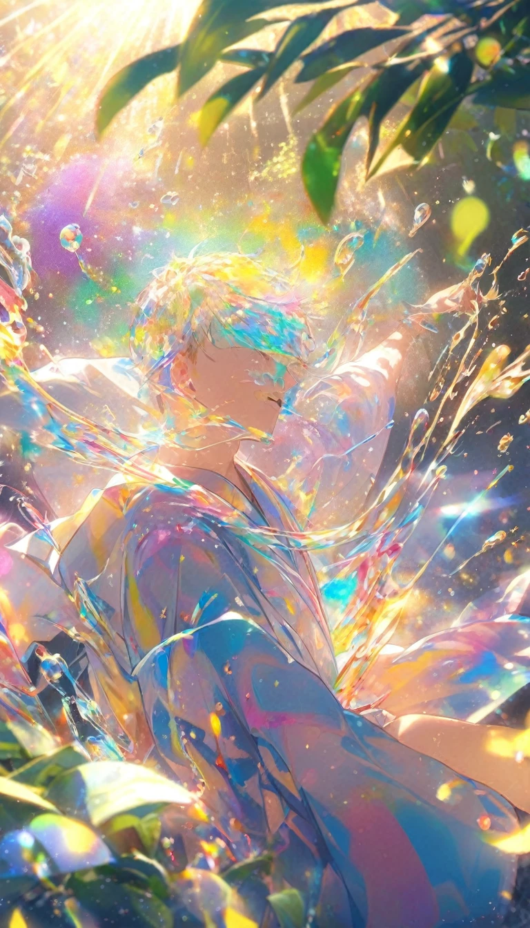 One male student、Young people、Looking at a large flower、Tanabata、strip、Bamboo Leaves、stripに願いをこめて、yukata,fluid,Particles of light, dream-like,Sparkling,dream-like glow,Paint dripping,Oil,strong stroke,Splash Paint Drop, Boy's(Tanabataライトトレース:1.25),After change (Radioluminescence Light Tracking) スタイルTanabataのSummer festival,Temple Fair,Summer festival,Iridescent、16K, Ultra-high resolution, to be born,wonderful ,future、Iridescent、The world 30 years from now。