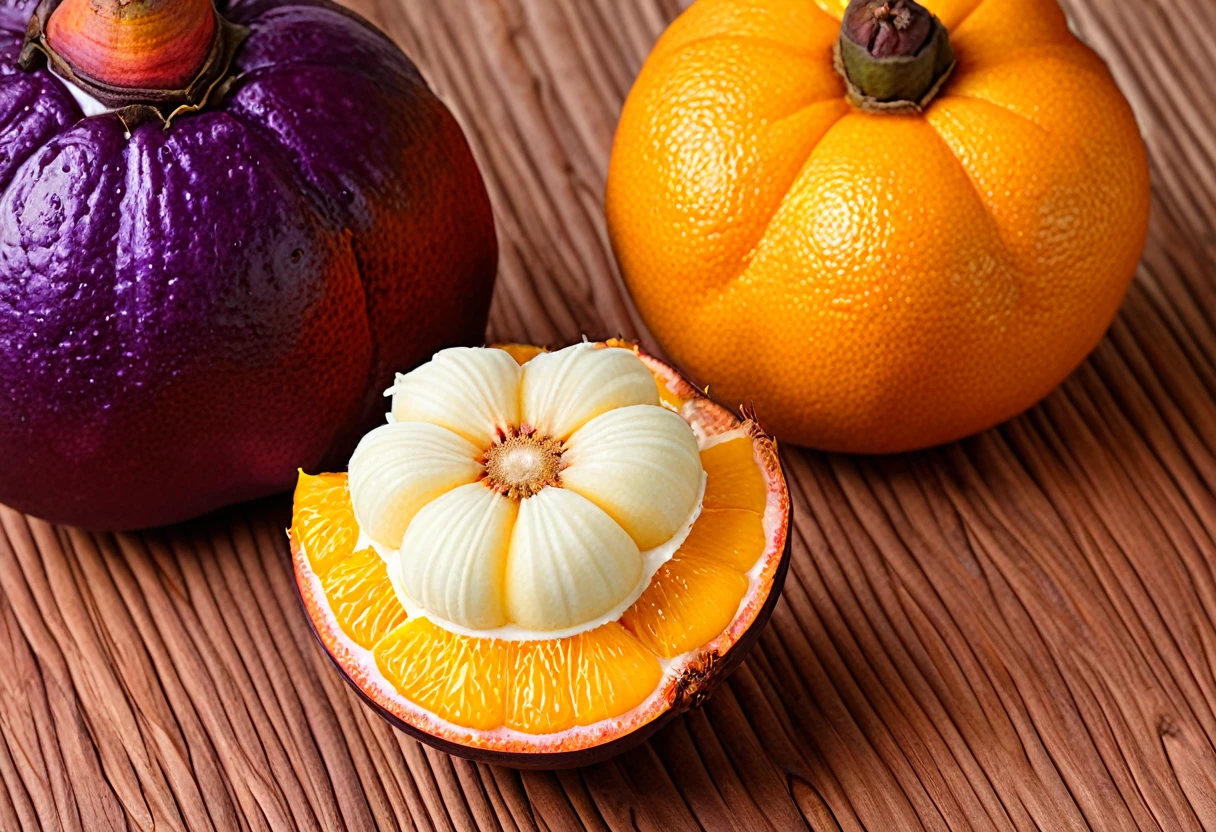 Generate a highly detailed and realistic photo of a unique, never-before-seen fruit that is a hybrid between a mangosteen and an orange. The fruit should have the round shape and deep purple rind of a mangosteen, but with the texture and vibrant orange color of an orange's skin. The rind should be slightly bumpy and segmented like an orange. When cut open, the fruit reveals juicy, orange-colored segments arranged similarly to an orange, but with the soft, fleshy texture of mangosteen segments. The interior should have a few seeds scattered among the segments. The fruit is placed on a simple, clean background with natural lighting that highlights its unique features. This photo should be highly detailed and visually captivating, showcasing the imaginative blend of these two fruits.