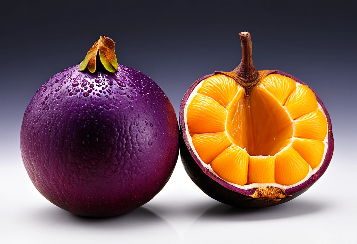 Generate a highly detailed and realistic photo of a unique, never-before-seen fruit that is a hybrid between a mangosteen and an orange. The fruit should have the round shape and deep purple rind of a mangosteen, but with the texture and vibrant orange color of an orange's skin. The rind should be slightly bumpy and segmented like an orange. When cut open, the fruit reveals juicy, orange-colored segments arranged similarly to an orange, but with the soft, fleshy texture of mangosteen segments. The interior should have a few seeds scattered among the segments. The fruit is placed on a simple, clean background with natural lighting that highlights its unique features. This photo should be highly detailed and visually captivating, showcasing the imaginative blend of these two fruits.