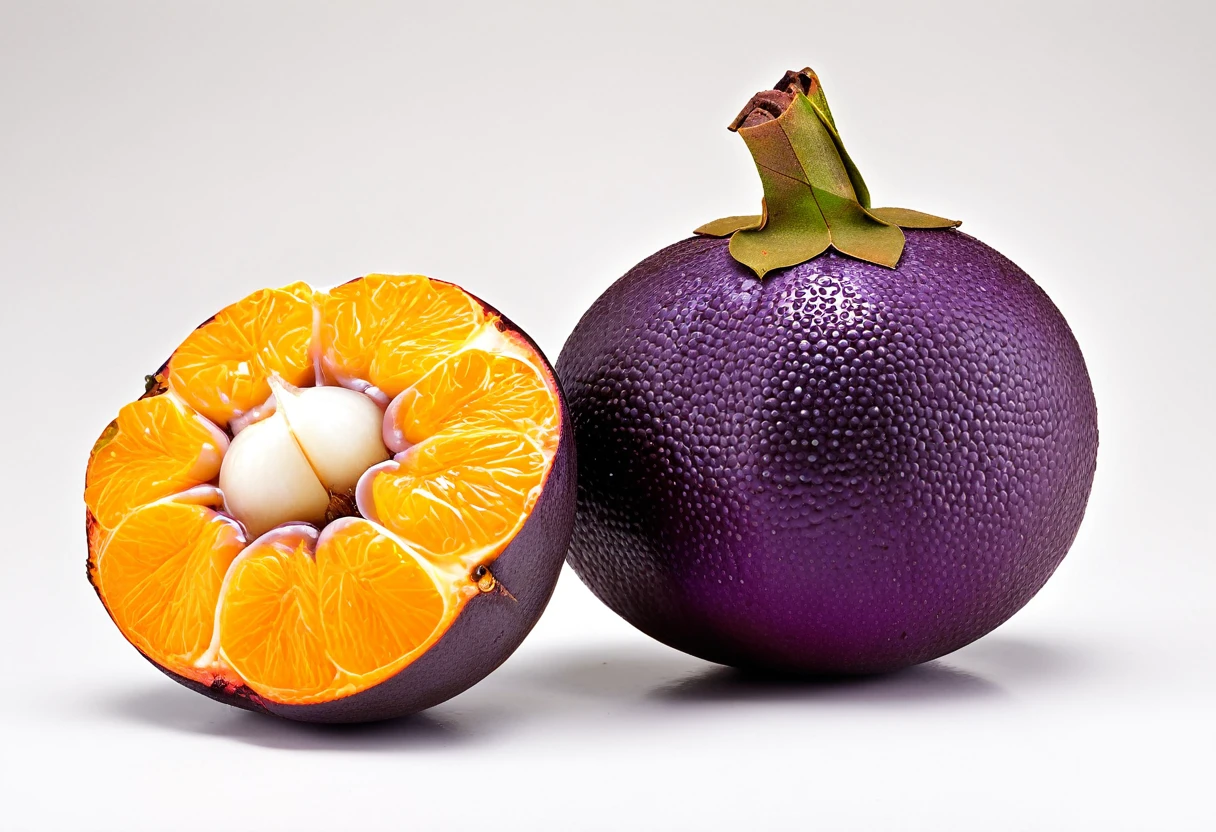 Generate a highly detailed and realistic photo of a unique, never-before-seen fruit that is a hybrid between a mangosteen and an orange. The fruit should have the round shape and deep purple rind of a mangosteen, but with the texture and vibrant orange color of an orange's skin. The rind should be slightly bumpy and segmented like an orange. When cut open, the fruit reveals juicy, orange-colored segments arranged similarly to an orange, but with the soft, fleshy texture of mangosteen segments. The interior should have a few seeds scattered among the segments. The fruit is placed on a simple, clean background with natural lighting that highlights its unique features. This photo should be highly detailed and visually captivating, showcasing the imaginative blend of these two fruits.