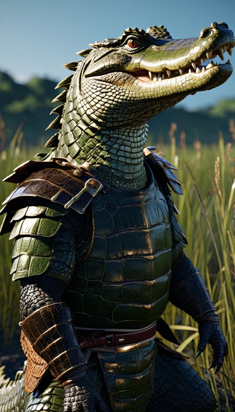 masterpiece, (Super detailed), (Animal anthropomorphism), crocodile, good looking, Japanese Armor,knife、 Dim lighting, cigarette, Shadow, Night grassland battlefield, Highest quality, Single Focus, (skimming: 1.1), Muscular man, whole body, Complex (High detail: 1.1) Unreal Engine.multiple、